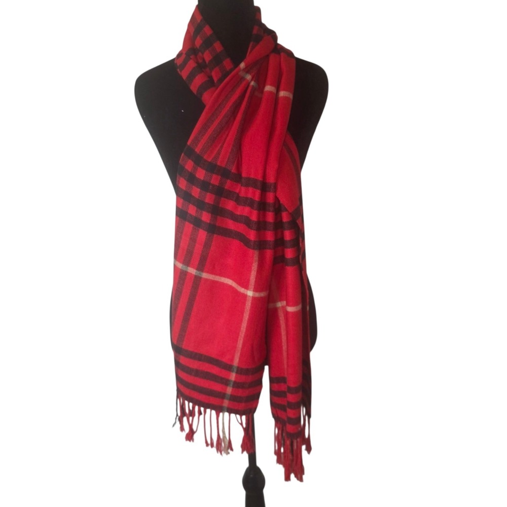 100% Cashmere Scarf Red Black Tartan Plaid Made in Scotland Fringe